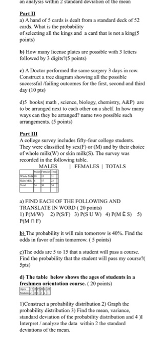 an analysis within 2 standard deviation of the mean Part II a) A hand of 5 cards is dealt from a standard deck of 52 cards. W