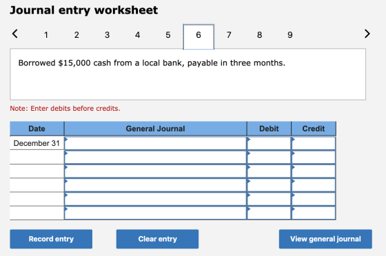 Journal entry worksheet < 1 2 3 4 5 6 7 8 9 Borrowed $15,000 cash from a local bank, payable in three months. Note: Enter deb