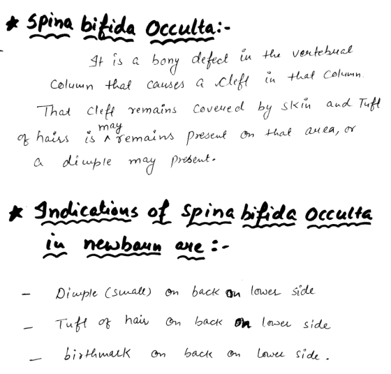 Spina bitida Occultai- St is a bony defect iu tiu ventebuct Coluwn that causes a cleft iu +hat Colun That Cleft γ, mains Coveu e d by skin and T. Diwple (suwall) back ou laver side haiv O lack on eu side