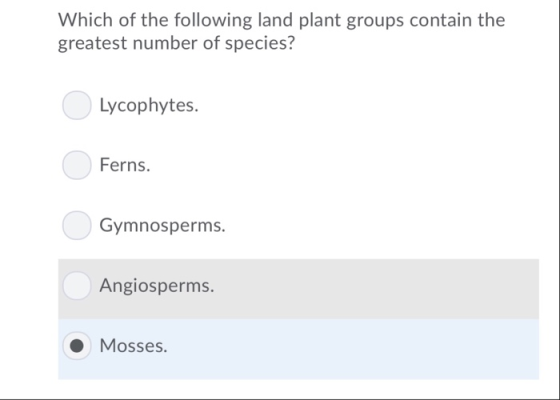 Which of the following land plant groups contain the greatest number of species? Lycophytes. Ferns. Gymnosperms. Angiosperms.