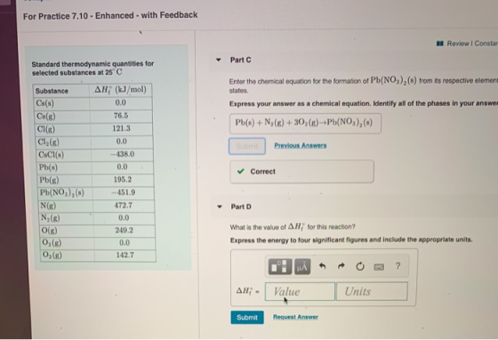 For Practice 7.10 - Enhanced - with Feedback A Review Constar - Part Standard thermodynamic quantities for selected substance