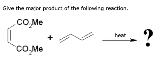 Give the major product of the following reaction. CO Me + A heat Гco,Me