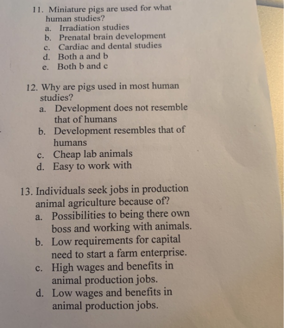 11. Miniature pigs are used for what human studies? a. Irradiation studies b. Prenatal brain development c. Cardiac and denta