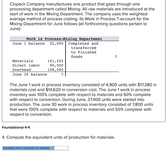 Clopack Company manufactures one product that goes through one processing department called Mixing. All raw materials are int