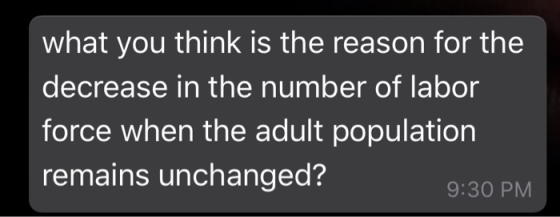 what you think is the reason for the decrease in the number of labor force when the adult population remains unchanged? 9:30