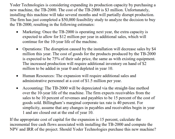 Yoder Technologies is considering expanding its production capacity by purchasing a new machine, the TB-2000. The cost of the