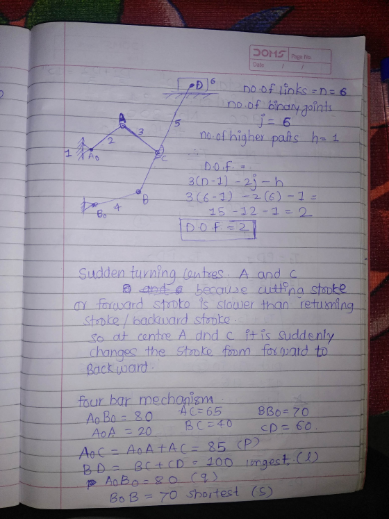 DOMS Page No. Date 7 6 Do of links =D=6 no.of binany points 22 5 3 no of higher parts had 1 Ao B D.Oif. 3(1-1) - 23- 3(6-1) -