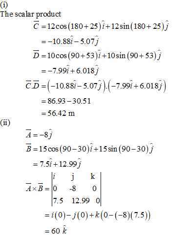 The scalar product C 12cos(180+ 25)i +12sin (180+ 25) j D 10cos (90+53)i +10sin 90+53)j CD-(-10.88i-5.07j)-799+6.018) -10.88i- 5.07 -7.991 + 6.01 8 86.93-30.51 - 56.42 m B 15cos (90-30)i +15sin (90-30)j 7.5i+12.99j 7.5 12.99 0 (0)-j(0)+k(0-(-8)(7.5)) 60 k