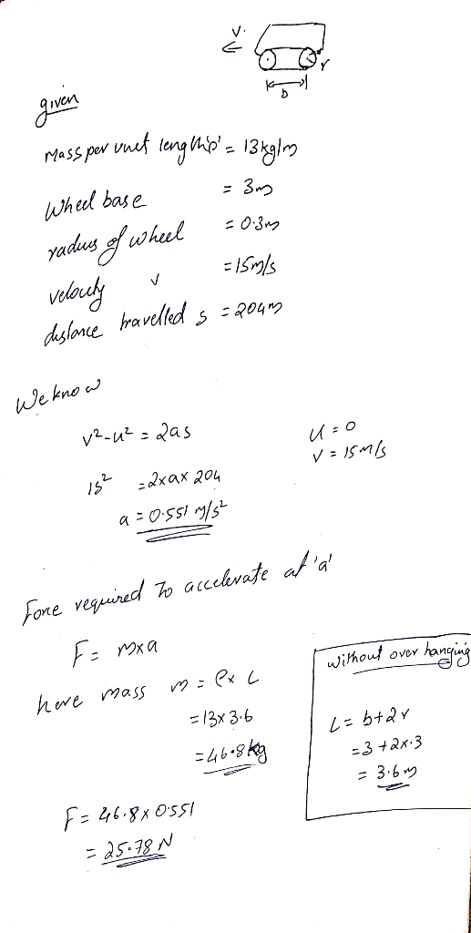 given massper anet lengths= 13kgim Wheel base = 3m yadius of wheel - 0.313 velocity v =15m/s deslance havelled s =20417 We k