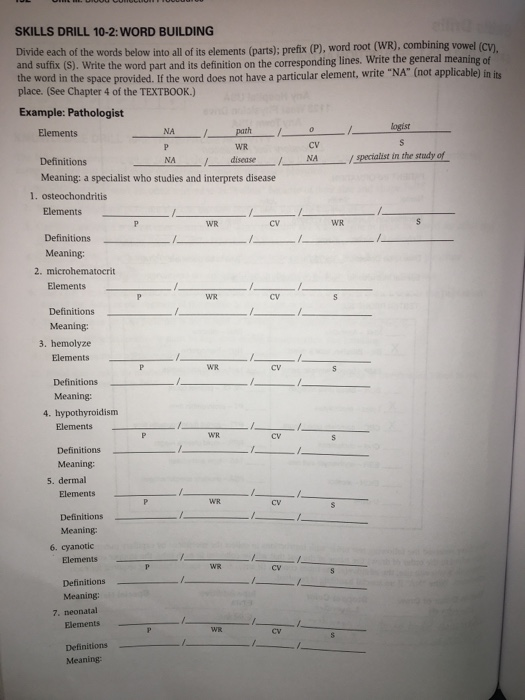 SKILLS DRILL 10-2: WORD BUILDING Divide each of the words below into all of its elements (parts): prefix (P), word root (WR),