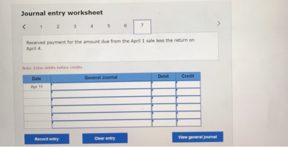 Journal entry worksheet < 1 2 3 4 5 6 7 Received payment for the amount due from the April 1 sale less the return on April 4.