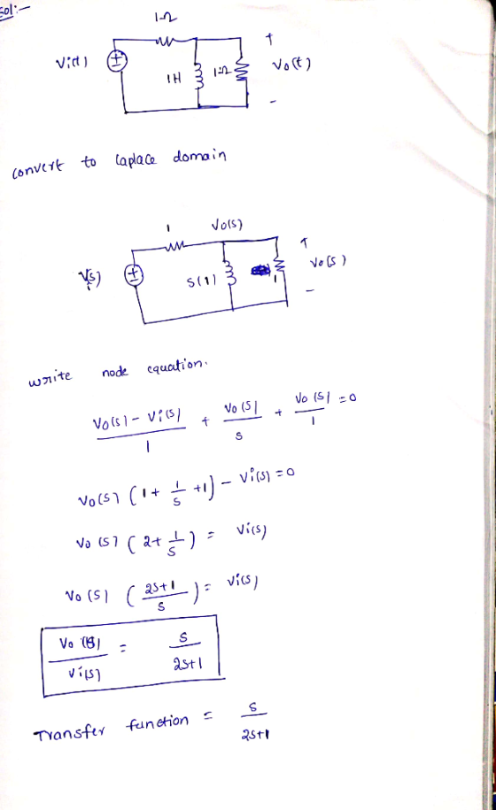 sol :- 1-1 f Vict) volt) 1: IH convert to Caplace domain Vors) T Vo (5) D s(1) node cquation write Vo isl=0 VO (51 1 Volsi- v