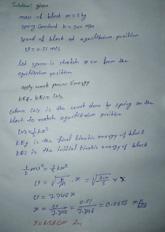 Solution: given mass of block m s 4s= spriag Censtant k= 300 N/m speed of hlock ad peibriom pusiton is stretch x cm trem the