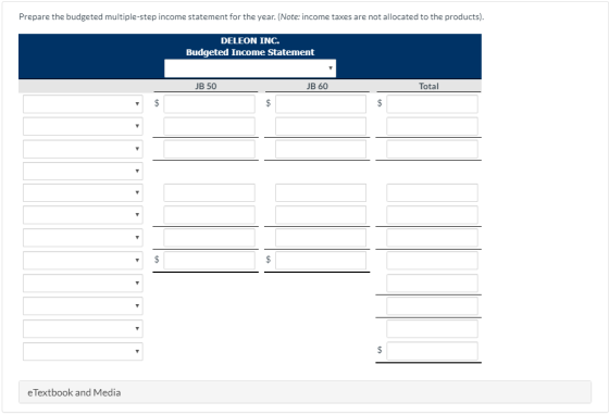 Prepare the budgeted multiple-step income statement for the year. (Note: income taxes are not allocated to the products). DEL