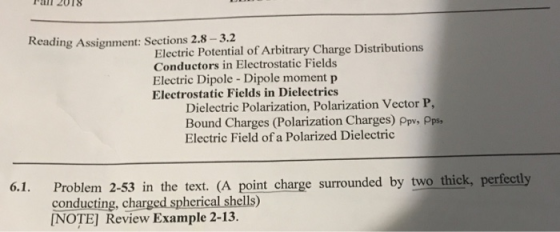 Pall 20TS Reading Assignment: Sections 2.8 -3.2 Electric Potential of Arbitrary Charge Distributions Conductors in Electrostatic Fields Electric Dipole Dipole moment p Electrostatic Fields in Dielectrics Dielectric Polarization, Polarization Vector P, Bound Charges (Polarization Charges) Ppv, Pps Electric Field of a Polarized Dielectric Problem 2-53 in the text. (A point charge surrounded by two thick, perfectly conducting, charged spherical shells) NOTE] Review Example 2-13. 6.1.