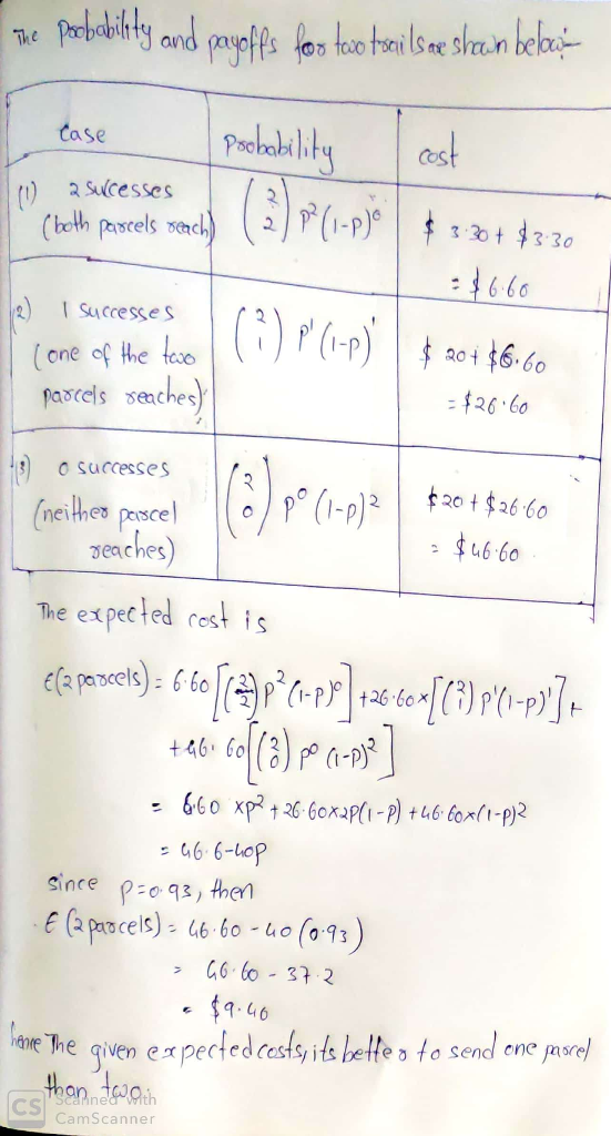 - probability and payoffs for two tsails are shown below cost case probability 0 2 Successes (both parcels reach) :$6.60 2) I