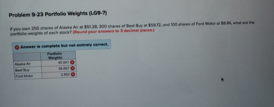 Problem 9-23 Portfolio Weights (LG9-7) If you own 250 shares of Alaska Air at $51.28, 300 shares of Best Buy at $59.72 and 10