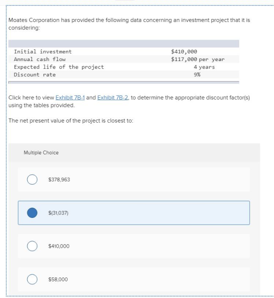 Moates Corporation has provided the following data concerning an investment project that it is considering: Initial investmen