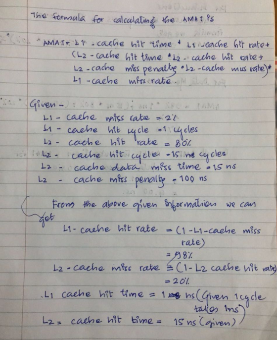 The formnulk for calcclatint e AMAts L2-cache LI-cache miss penalt 12-cache mprs rate . vmus eier L1- cache miss rate t し2