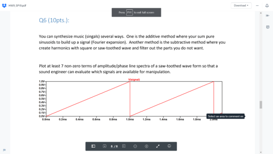 Hw9 SP19.pdf Download Press F11 toexit full screen Q6 (10pts.) You can synthesize music (singals) several ways. One is the ad
