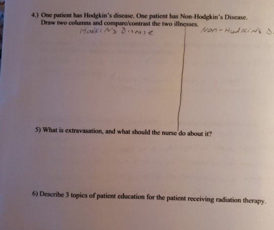 4.) One patient has Hodgkins disease. One patient has Non-Hodgkins Disease. Draw two columns and compare/contrast the two i
