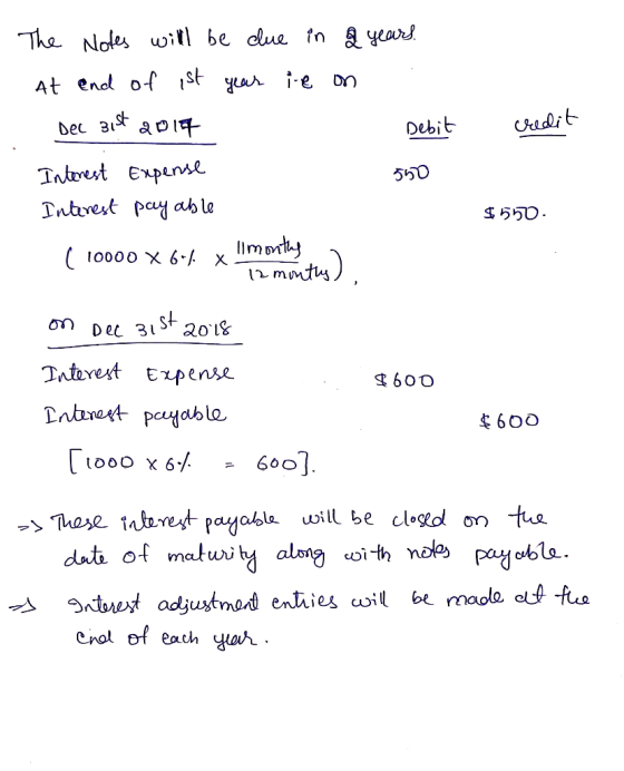a years. on The Notes will be due in At end of ist year ite Dec 31st 2014 Interest Expense Interest payable Debit credit 550