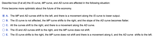 Describe how (if at all) the IS curve, MP curve, and AD curve are affected in the following situation: Firms become more opti