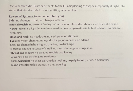 One-year later Mrs. Prather presents to the ED complaining of dyspnea, especially at night. She states that she sleeps better