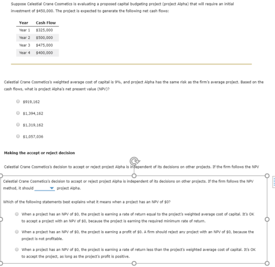 Suppose Celestial Crane Cosmetics is evaluating a proposed capital budgeting project (project Alpha) that will require an ini