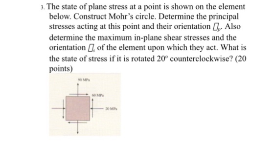 3. The state of plane stress at a point is shown on the element below. Construct Mohrs circle. Determine the principal stresses acting at this point and their orientation D,. Also determine the maximum in-plane shear stresses and the orientation of the element upon which they act. What is the state of stress if it is rotated 20° counterclockwise? (20 points) 90 MPa 60 MPa -20 MPa