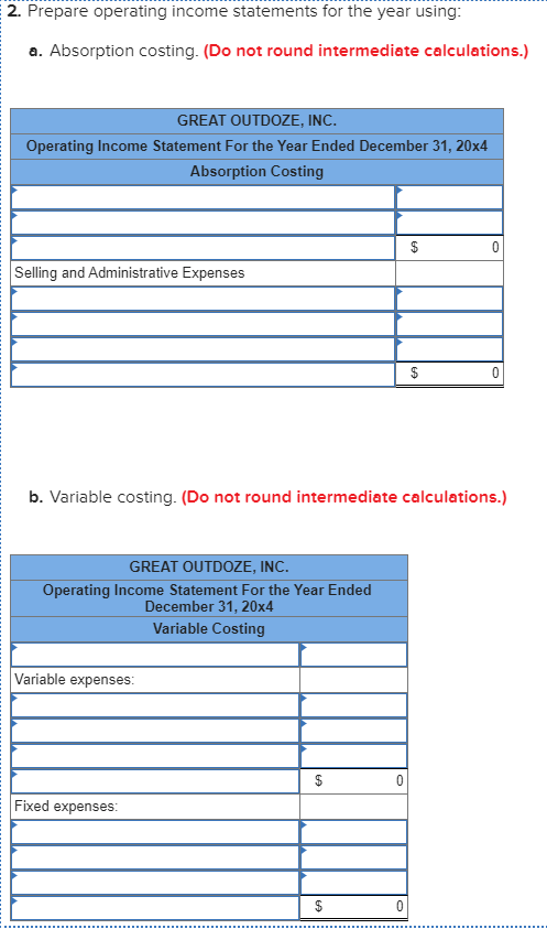 2. Prepare operating income statements for the year using: a. Absorption costing. (Do not round intermediate calculations.) G