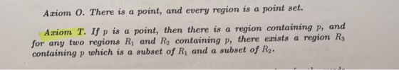 Axiom 0. There is a point, and every region is a point set. Asciom T. If p is a point, then there is a region containing p, a