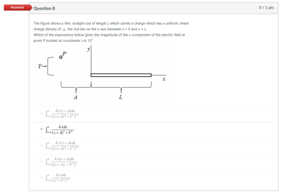Incorrect Question 8 0/1 pts The figure shows a thin, straight rod of length L which carries a charge which has a uniform, linear charge density of λ; the rod lies on the x-axis between x = 0 and x = L. Which of the expressions below gives the magnitude of the x-component of the electric field at point P located at coordinate (-A·Y)? -o(x+が+72)1.2 kxd