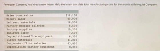 Rehnquist Company has hired a new intern. Help the intern calculate total manufacturing costs for the month at Rehnquist Comp