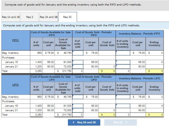 Compute cost of goods sold for January and the ending inventory using both the FIFO and LIFO methods. Reg 1A and 1B Reg 2 Reg