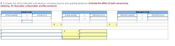 3. Compute the direct materials cost variance, including its price and quantity variances. (Indicate the effect of each varia
