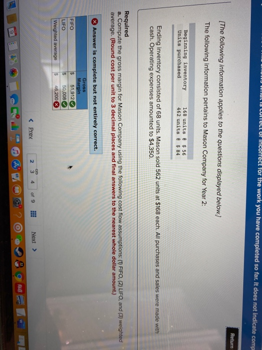 TITULL OF incorrect for the work you have completed so far. It does not indicate comg Return [The following information appli