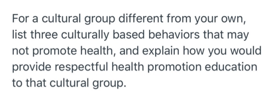 For a cultural group different from your own, list three culturally based behaviors that may not promote health, and explain
