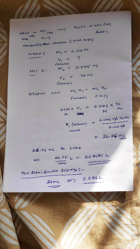 #2001) + acces NOOH + HCl con اللهی or (a) and (aud-base) neutralization reaction NaoH; M = 0.120M vi - 2 (volune) M Hcl - M₂