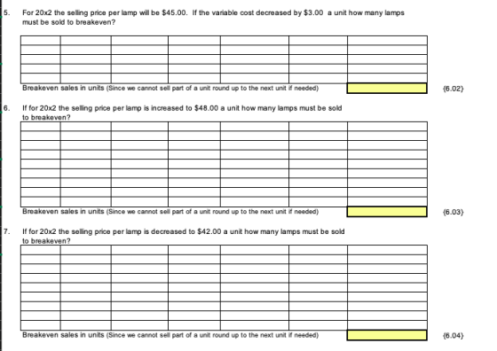5. For 20x2 the selling price per lamp will be $45.00. If the variable cost decreased by $3.00 a unit how many lamps must be