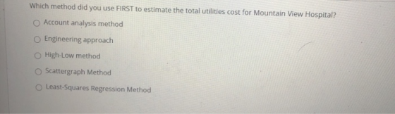 Which method did you use FIRST to estimate the total utilities cost for Mountain View Hospital? Account analysis method Engin