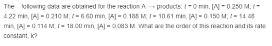 The following data are obtained for the reaction A ? products: t = 0 min. [A] 0.250 M, t 4.22 min, [A 0.210 Mt 6.60 min, [Al 0.188 M; t-10.61 min, [A]-0.150 M; t-14.48 min, [A 0.114 M, t 18.00 min, [A] 0.083 M. What are the order of this reaction and its rate constant, k?