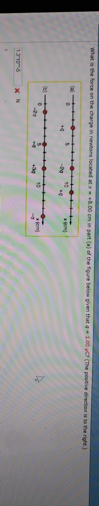 What is the force on the charge in newtons located at x +8.00 cm in figure below given that q = 1.00 μC? (The positive direction is to the right.) 0 10 x (cm) +q -2q +q x (cm) -q 0 10 -2q +q3g +30 1.3.10..-5 |× N