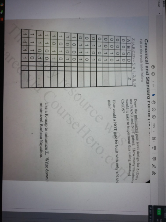 re V(H) (10).pdf WA 2 /9 150%. 66 Canonical and Standara rors Fill in the truth table below Draw the minimized gate level des