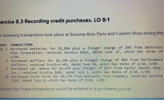 cercise 8.3 Recording credit purchases. LO 8-1 e following transactions took place at Sonoma Auto Parts and Custom Shop durin
