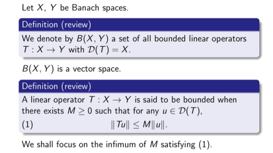 Let X, Y be Banach spaces. Definition (review) We denote by B(X, Y) a set of all bounded linear operators T:X + Y with D(T) =