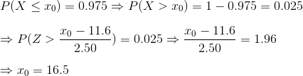 \\P(X\leq x_{0})=0.975\Rightarrow P(X>x_{0})=1-0.975=0.025\\ \\ \Rightarrow P(Z>\frac{x_{0}-11.6}{2.50})=0.025 \Rightarrow \frac{x_{0}-11.6}{2.50}=1.96\\ \\ \Rightarrow x_{0}=16.5