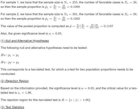 For sample 1, we have that the sample size is N1 = 255, the number of favorable cases is X1 = 28, so then the sample proporti
