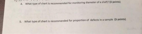 4. What type of chart is recommended for monitoring diameter of a shaft? (3 points) 5. What type of chart is recommended for