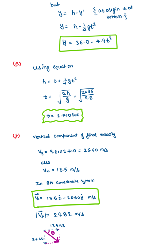 but Y= h-yl {as origin is at e bottom.} Y= h - 12gt2 y = 36.0-4.9+ using equation h=0+ $8+ Sto 2.71056] to 2.710 Sec (f) vert